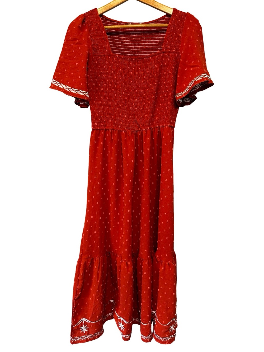 Simplee Orange Smocked Swiss Dot Tiered Midi Dress SZ Small Prairie Cottagecore